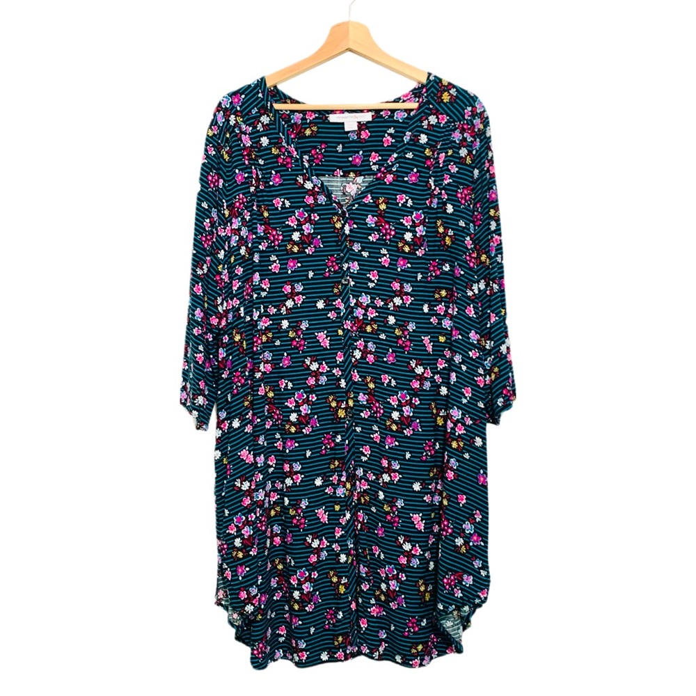 Dreams & Co Colorful Floral and Stripes Loungewear Dress Size 1X Short Sleeve